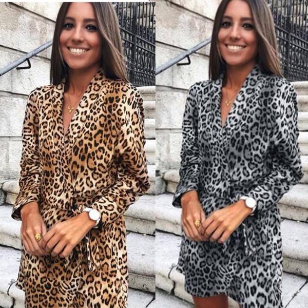 

party dress women v-neck leopard print shirt dress 2021 spring summer office elegant ladies wrap loose mini1, Black;gray