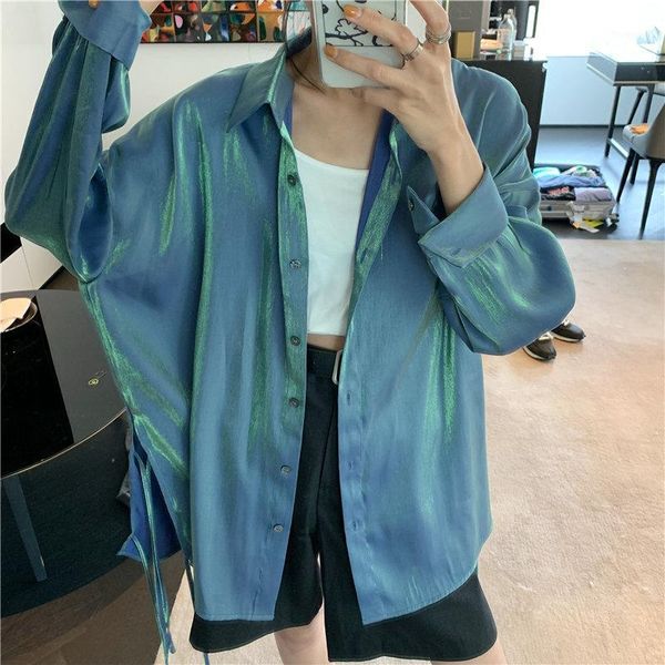 

bluish green luster loose girls chic women 2020 solid blouses all match lace up gentle high streetwear shirts1, White