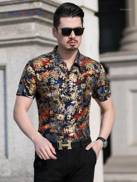 

floral print shirt men 2020 brand new gold bronzing short sleeve chemise homme fancy flower mens dress shirts camisa masculina1, White;black