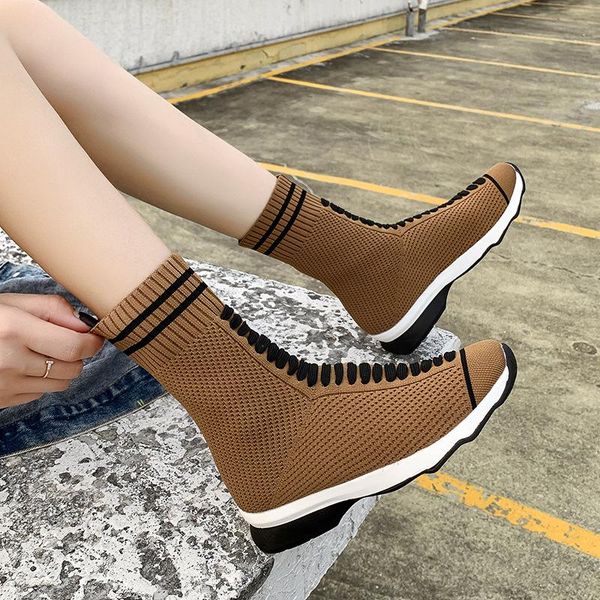 

size large stretch socks shoes 2020 autumn and winter new casual flat short boots women's knitted breathable women's boots, Black