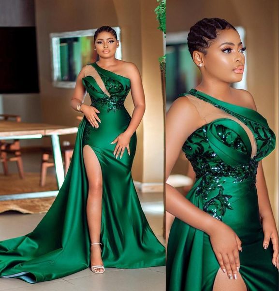 

arabic hunter green mermaid prom dresses one shoulder sequined lace appliques side split satin sweep train aso ebi evening gowns vestidos, Black