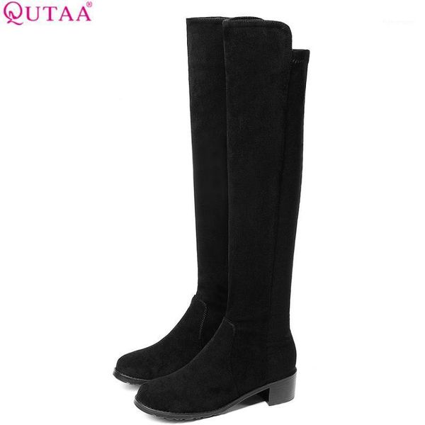 

boots qutaa 2021 women knee high fashion square heel all match slip on winter shoes platform casual size 34-431, Black