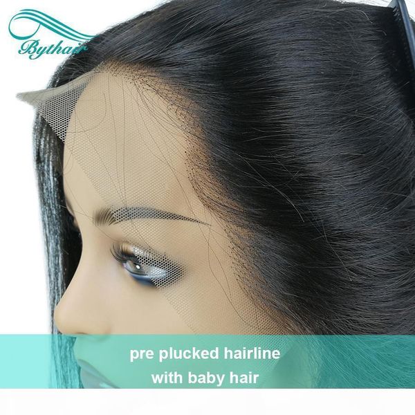 

silky straight lace front human hair wig pre plucked hairline brazilian virgin hair full lace wig with baby hairs for black women bythair, Black;brown