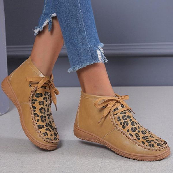 

ankle boots women leopard female cross tied pu leather sewing shoes ladies non-slip lace up short boot casual comfortable new, Black