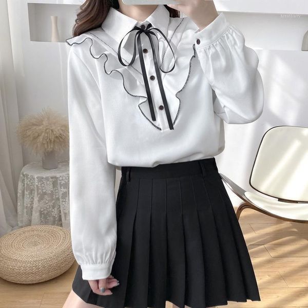 

spring sweet style solid shirt female with bow korean fashion long sleeve ruffles blouses office ladies chiffon temperament 1, White