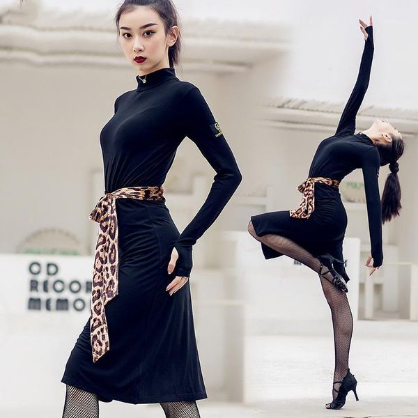 

stage wear elegant latin dance dress female samba tango training clothes long-sleeved velvet split women's dresses dwy26061, Black;red