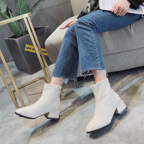 

winter pumps women dress boots platform fashion plush suede back zipper square toe mid heels, Black