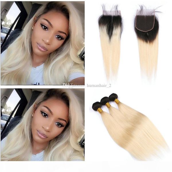 

613 blonde virgin уток волос с closure 3 связки ombre человека плетение волос с lace closure t1b 613 straight плетение волос с закрытием, Black;brown