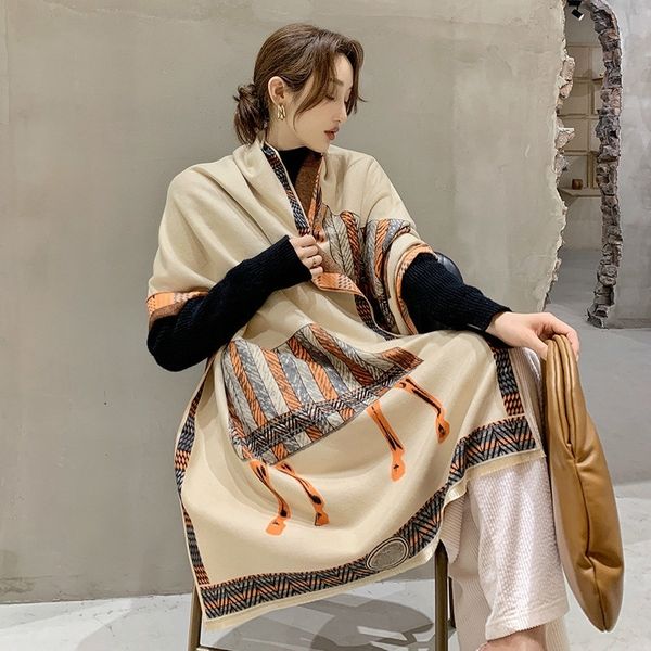

luxury horse print winter scarf women warm thick blanket wraps brand female cashmere pashmina scarves shawls y201024, Blue;gray