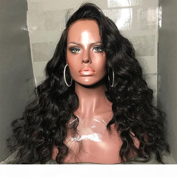 

full frontal wig density 180 natural looking virgin glueless unprocessed peruvian human hair body wave 150 density lace front wigs, Black;brown