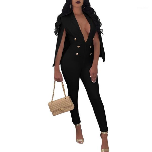 

new cloak trousers rompers womens jumpsuit v neck buttons outfits evening party overalls full bodysuit bodycon jumpsuits1, Black;white