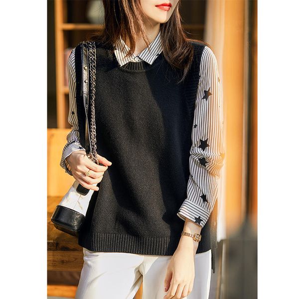 

2021 new women's spring knitted neck long back 3 black womens crewneck vest wool sleeveless swaeter yuqy, White;black
