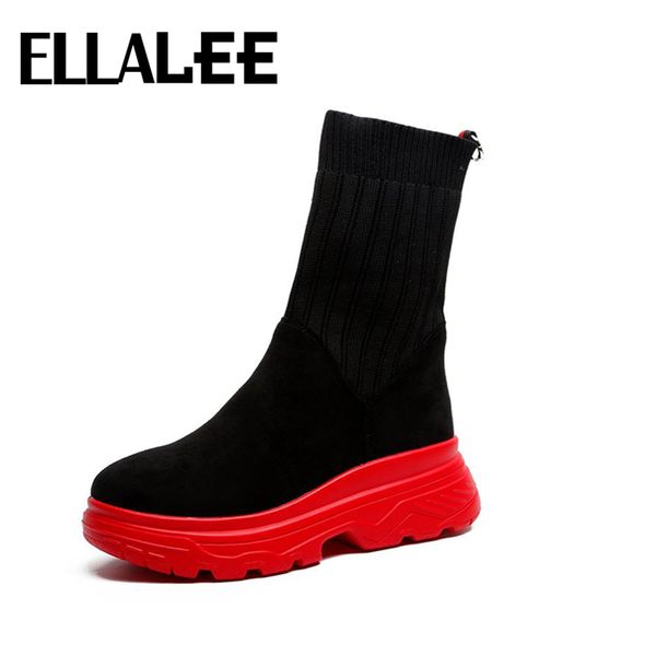 

women 2020 new style round toe elastic sock shoes red woven comfortable nonslip sole mesh breathable platform boots q1104, Black