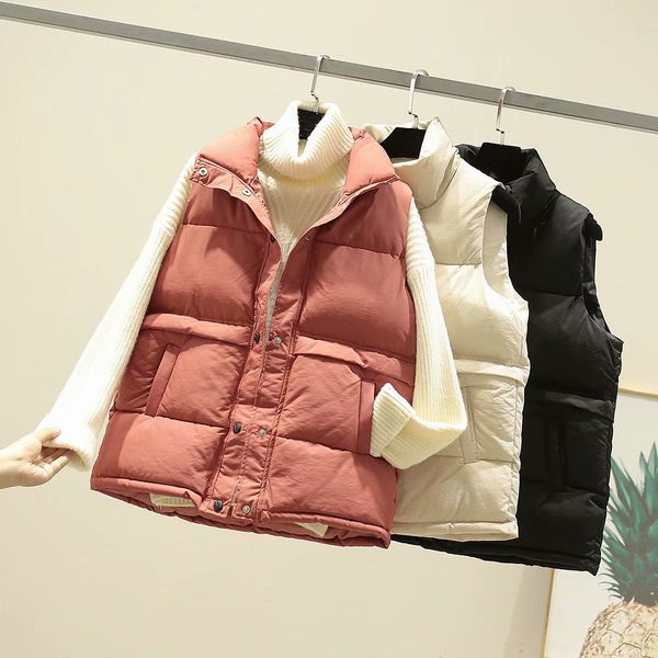 

women winter down vests casual pure 3 colors pocket puffer vests cotton pedded coats 2020fw outerwear womens clothing autumn, Black;white