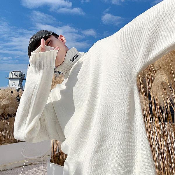 

men's sweaters letter print turtleneck for men high street fashion trends korean casual knit pullover vintage long sleeve jumpers, White;black