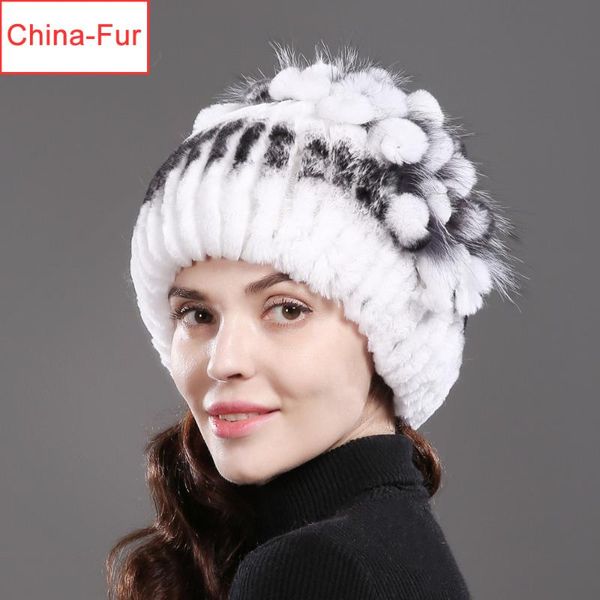 

beanie/skull caps style women real rex fur skullies hats luxury knitted flowers genuine cap winter beanies hat, Blue;gray