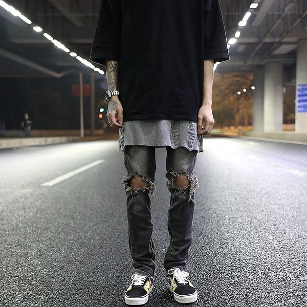 

oem fog ripped rips zipper paint dark grey skinny jeans for men
