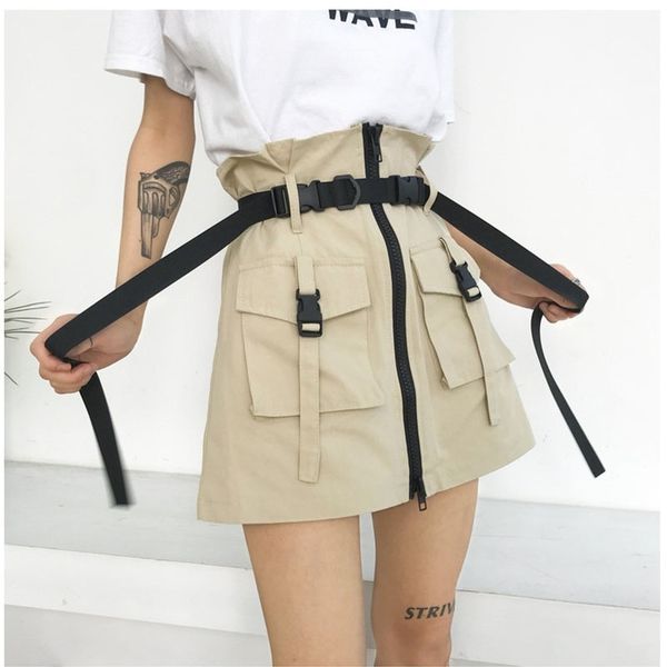 

half-length women pocket sashes ladies short tool summer korean a line zipper one-step skirt with belt y200326, Black