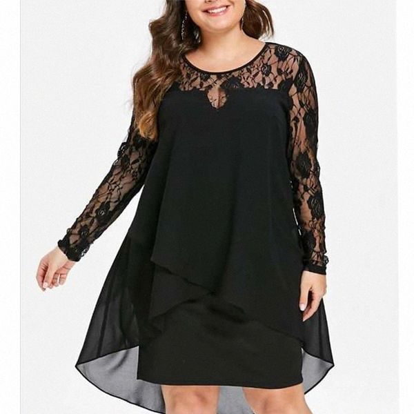 

women's plus size a line dress solid color round neck layered long sleeve spring summer vintage prom dress knee length dress party vaca, Black