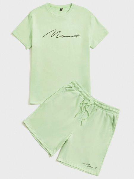 

men letter graphic tee & drawstring waist track shorts v6ln#, Gray