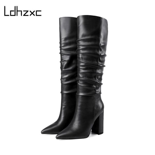 

ldhzxc 2020 keep warm knee high boots autumn winter pu leather women shoes pointed toe fashion high heel woman boots size 34-43, Black