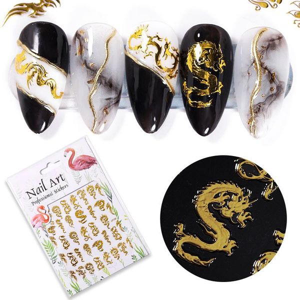 

stickers & decals gold 3d nail dragon phoenix transfer for nails colorful self adhensive slider manicuring decoration, Black
