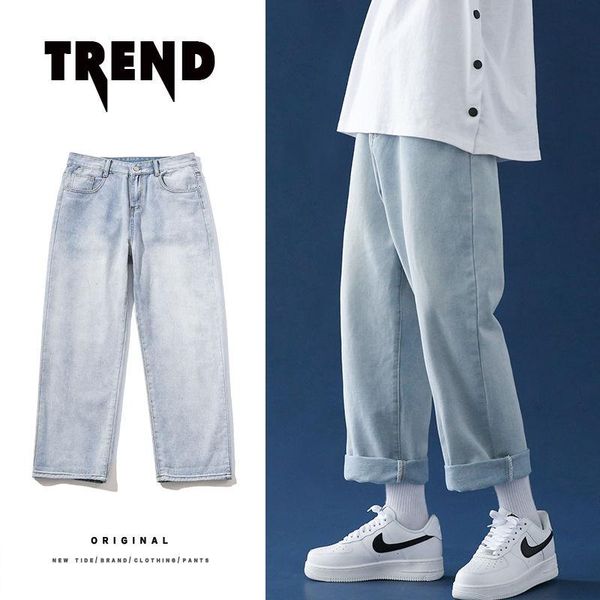 

spring summer wide-leg jeans men's fashion retro casual jeans men streetwear korean loose straight denim pants mens -4xl, Blue