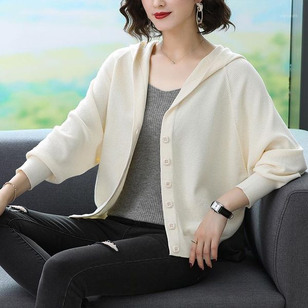 

knitted cardigan women's spring and autumn 2020 new outer long-sleeved short hooded spring thin sweater jacket1, White