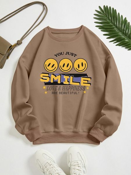 

slogan & cartoon face print thermal lined sweatshirt c8u7#, White;black