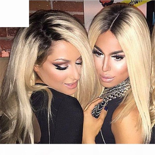 

middle part #1b 613 human hair wigs with baby hair ombre blonde #613 color hair lace front wig glueless full lace wig, Black;brown