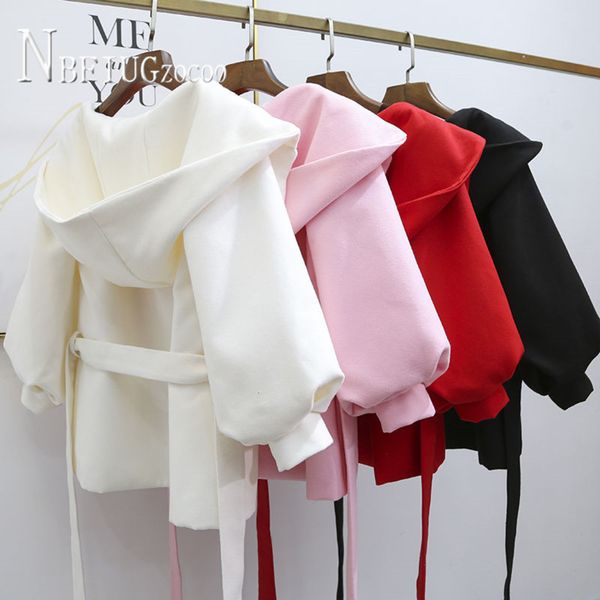 

2020 women woolen coat solid color hooded waist strap female jacket, Tan;black