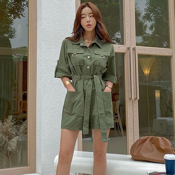 Koreanische Chic Vintage Playsuits einreiher Lose Overalls Bandage Kurze Strampler Frauen Casual Breite Bein Shorts Overall T200704