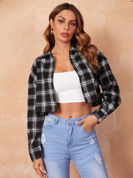 

plaid print drop shoulder crop blouse z8le#, White