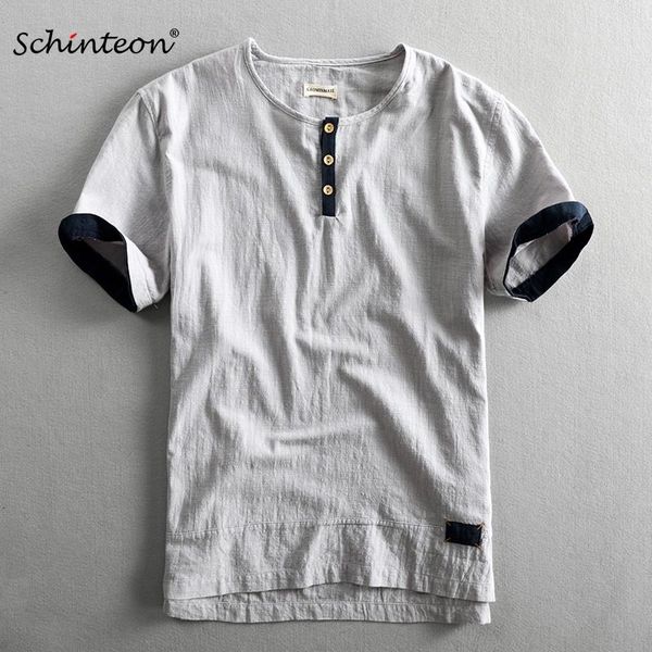 

schinteon men casual cotton linen shirt pullover summer thin short sleeve o-neck collar comfortable new chinese style 1022, White;black