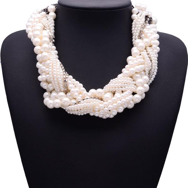

bk bib choker pearl necklace for women multi layers simulated-pearl beads chain cluster choker statement bib pendant jewelry, Golden;silver