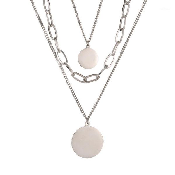 

pendant necklaces verdandi two layers necklace alloy chain wafer round paillette multi-layer accessories charm box link women men si1, Silver