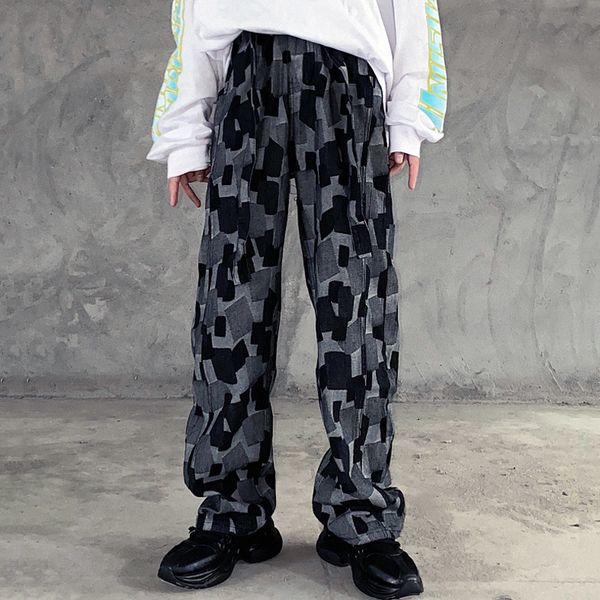 

2021 vintage rhombus color matching women streetwear fashion man loose high waist straight casual jeans dphw, Blue