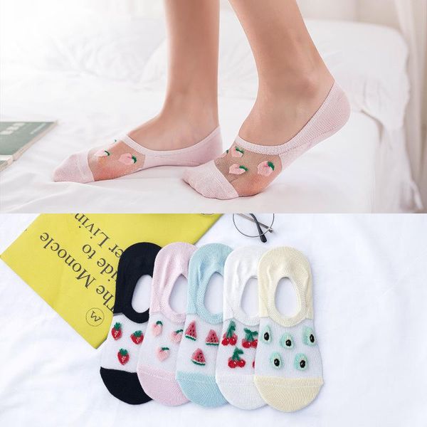 

lace women's boat socks sweet kawaii transparent crystal silk peach avocado strawberry summer invisible ankle sock for girl, Black;white
