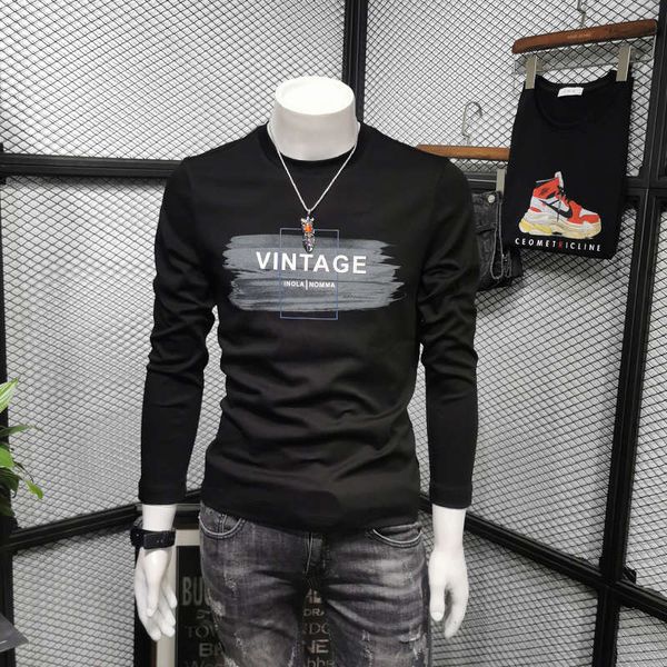 

autumn and winter korean fashion men's long sleeve round neck slim fit versatile bottoming shirt sweater t-shirt, Black