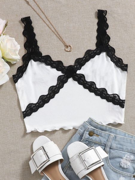 

contrast lace panel lettuce edge cami k5jh#, White