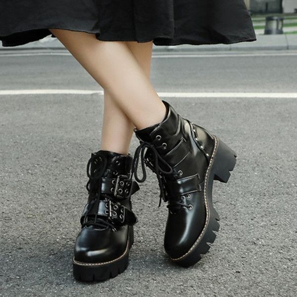 

women rock boots rivet buckle strap lace up block chunky heel, Black