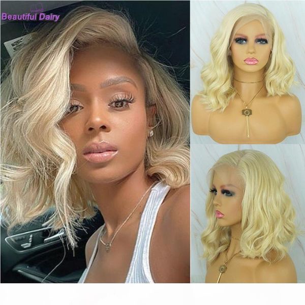 

beautiful diary blonde short bob wigs wavy 13x6 synthetic lace front wigs cut bob futura hair gluesless lace front wig, Black