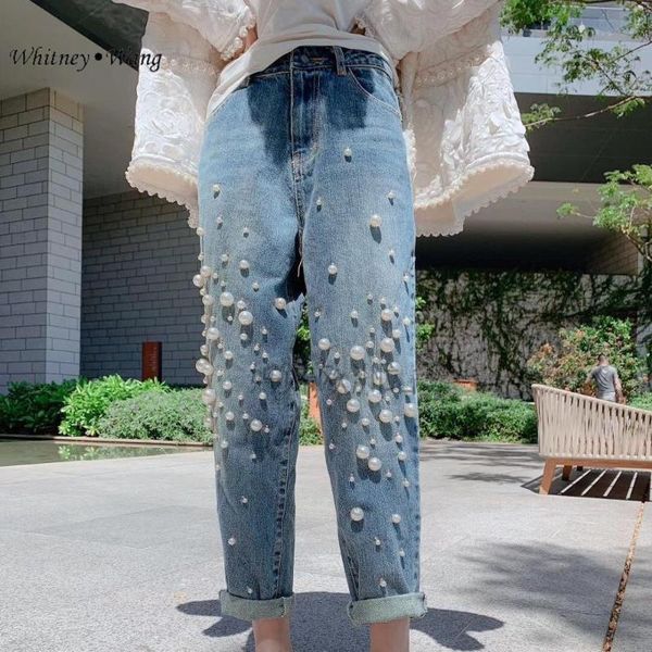 

women's jeans whitney wang 2021 spring summer fashion streetwear korean style pearls beading women stylish denim pants plus size 5xl, Blue