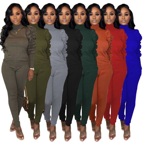 

women two pieces clothing high neck pile sleeve set casual solid color long sleeve pants fashion designer famale ladies sportwear outfits p5, White