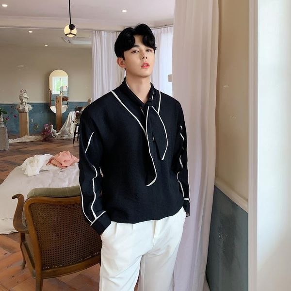 

men tie collar long sleeve casual pullover shirts male vintage fashion streetwear dress shirts stage show clothing1, White;black