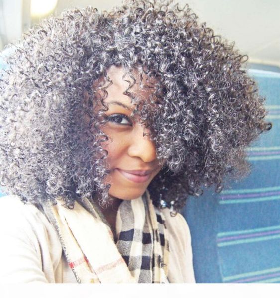 

kinky curly grey pony tail hair piece young lady fashion gray bun puff fake ponytail women human hair er grey hair extension 120g, Black