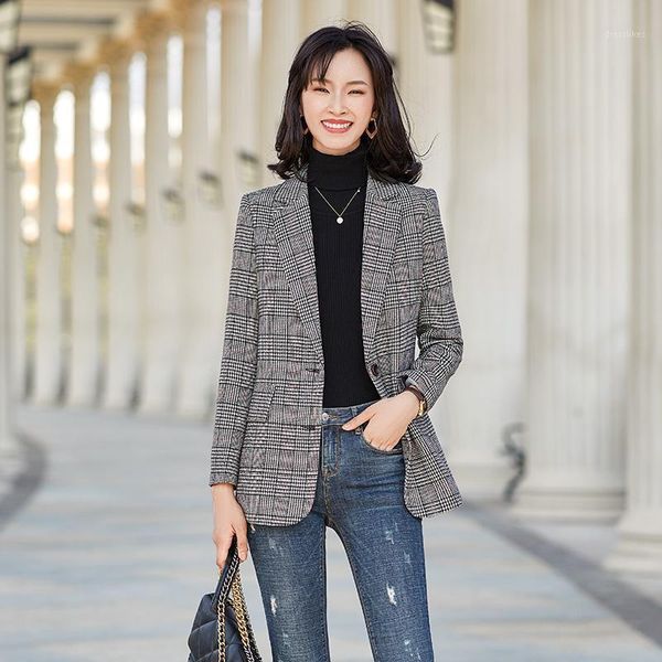 

women's suits & blazers 2021 fashion casual blazer women outerwear jackets grey plaid office ladies clothes styles1, White;black