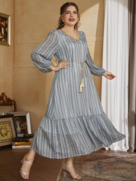 

plus graphic print belted flared dress e8hn#, Black