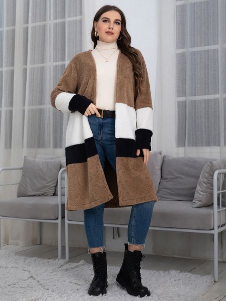 

plus color block open front flannel coat 44m7#, Black