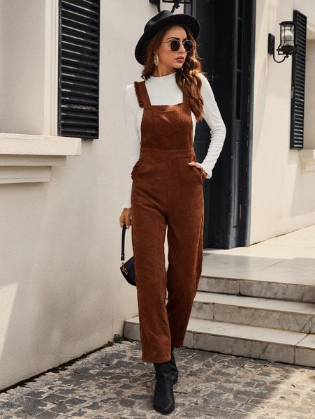 

1pc frill trim pocket front corduroy overall jumpsuit without tee l7q7#, White